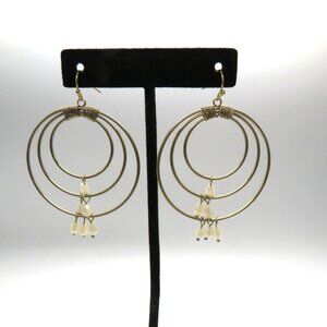 Hoop Earrings Gold Tone Triple Wire Dangle White Beads Accents